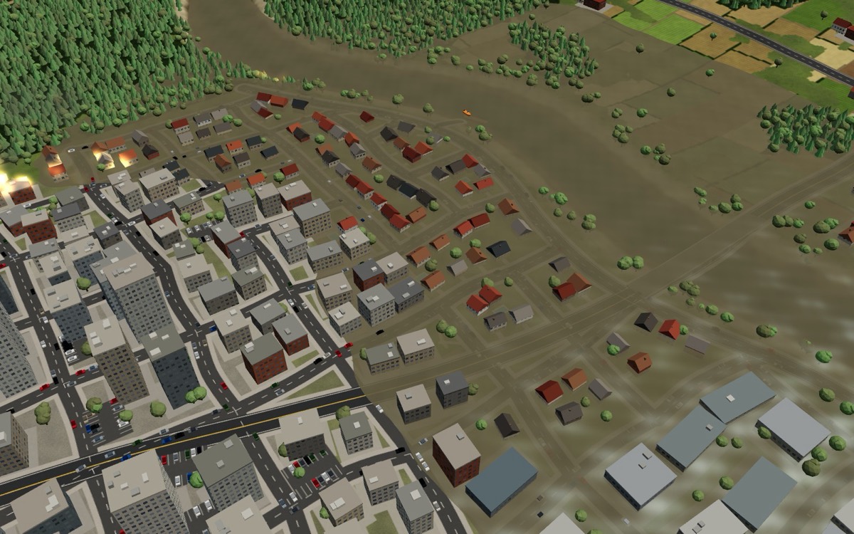 Flood water covering the Riverside district with rooftops above the water