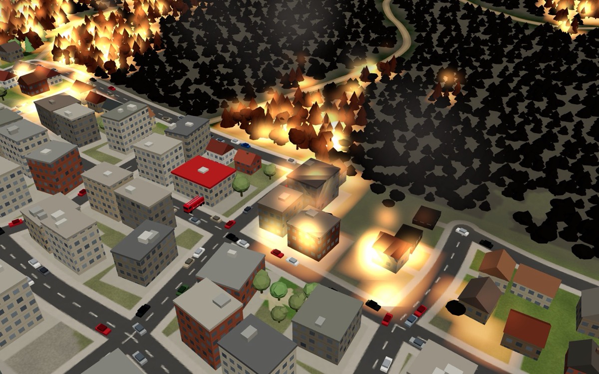 Close view of houses at the forest edge catching fire, with the burnt ridge behind them